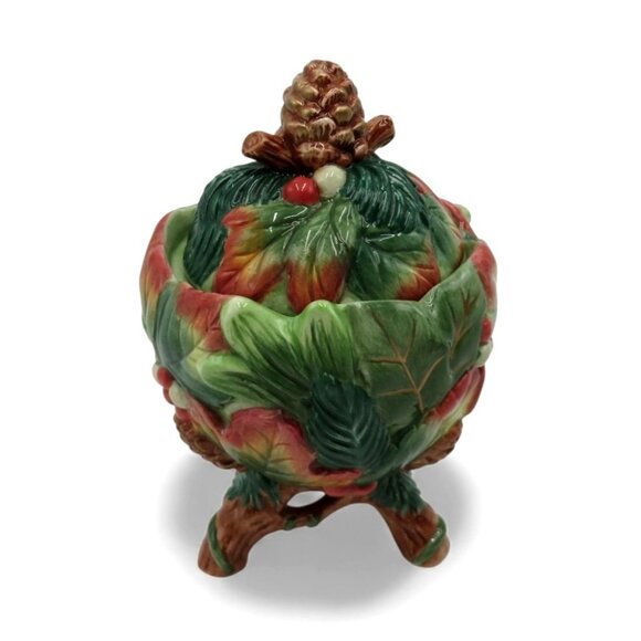 FITZ and FLOYD Classics Christmas Lodge Sugar Bowl Pinecone and Leaf Design - Picture 1 of 10